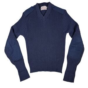 USAF Vintage 80’s Blue 100% Wool Sweater with Elbow Patches Made In USA Size 34
